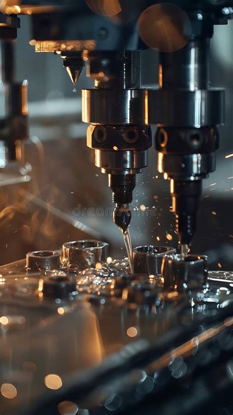 Process of the cnc machine. Metal shavings flying, part milling